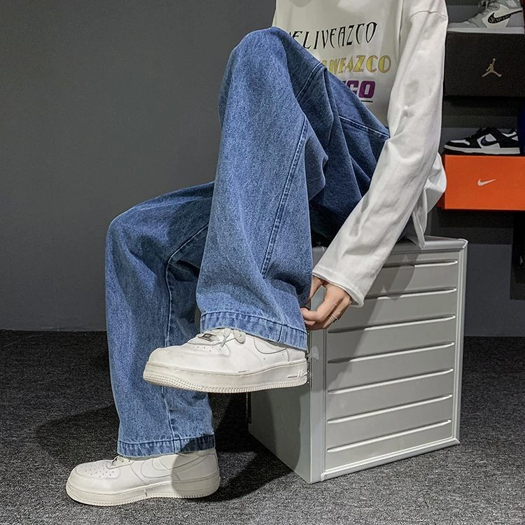 秋季裤子男装宽松百搭时尚纯色简约舒适潮流休闲阔腿直筒牛仔裤