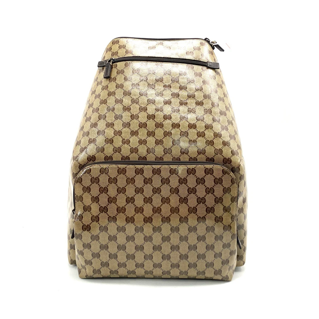 99新 GUCCI/古驰 男士 经典老花水晶皮双肩包 尺寸33/45 棕色