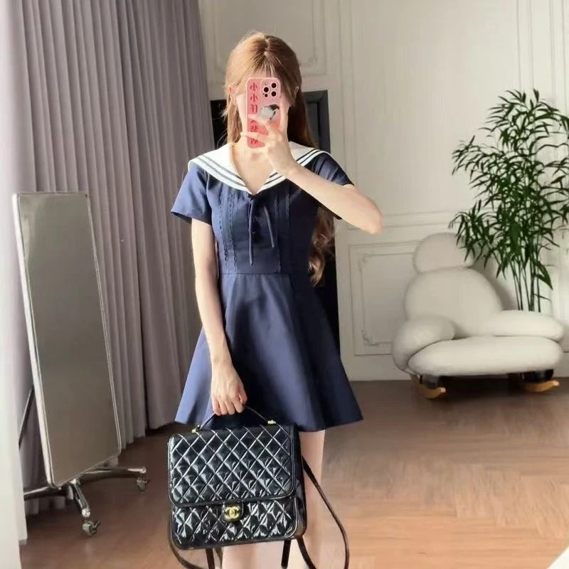 【少女日记】韩系短袖学院风海军领连衣裙气质减龄法式长短裙子