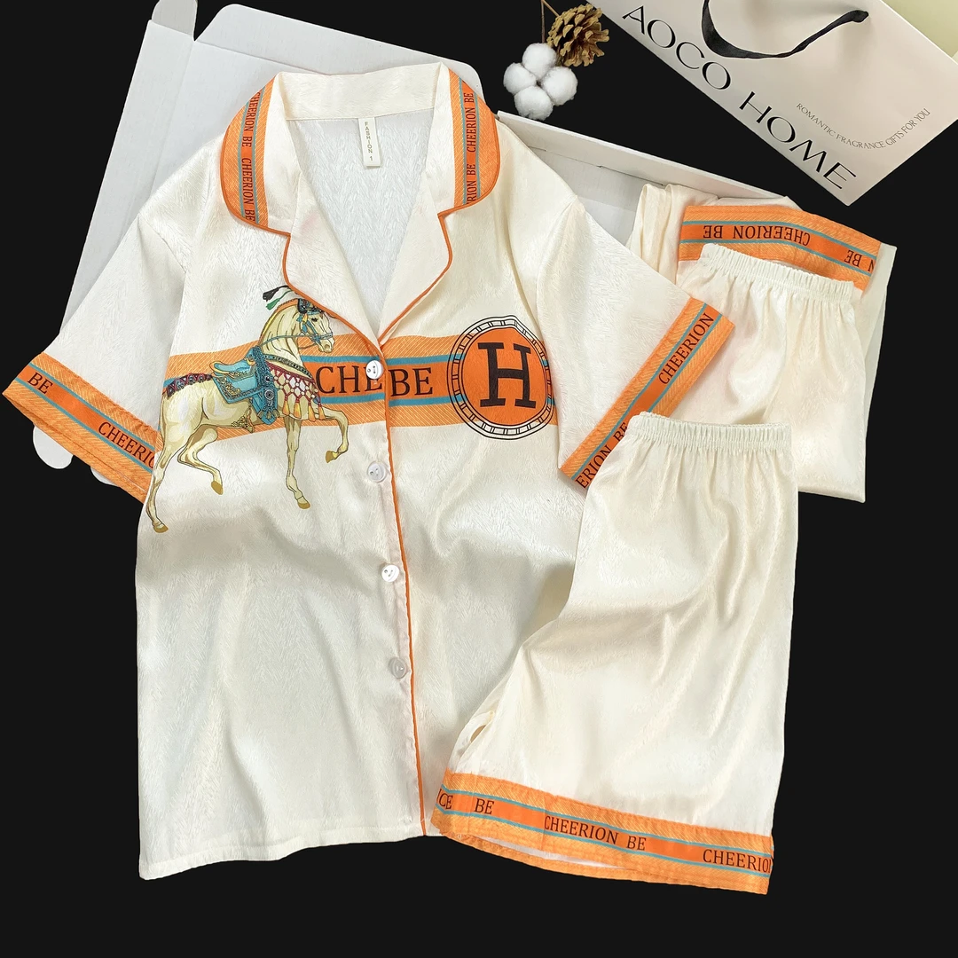 【H马2.0】冰丝短袖带胸垫睡衣女韩版夏薄款三件套家居服套装006