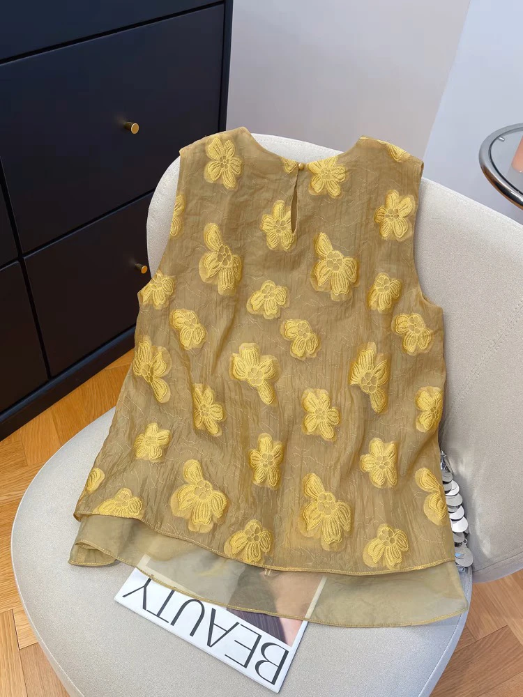 欧洲站新中式重工暗绣提花刺绣无袖背心显瘦高级衬衫