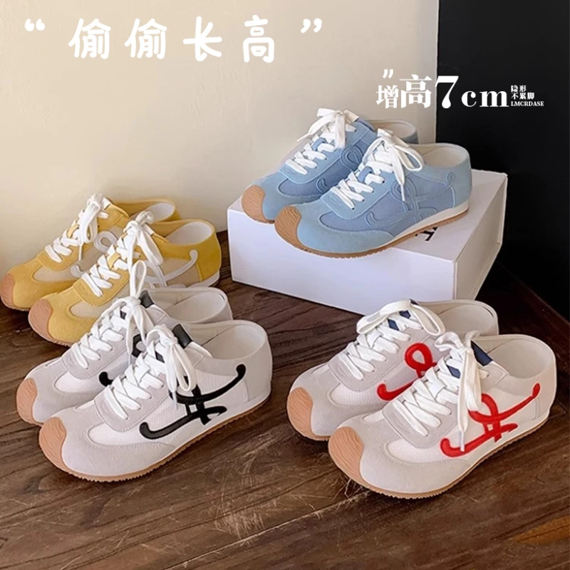 透气薄款牛皮~7cm内增高女鞋红色德训鞋厚底大头一脚蹬包头半拖鞋