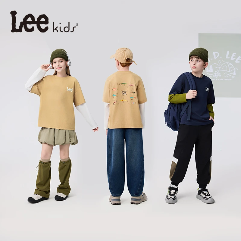 Leekids秋冬上新男女中大童长袖T恤上衣印花圆领男女童假两件t恤