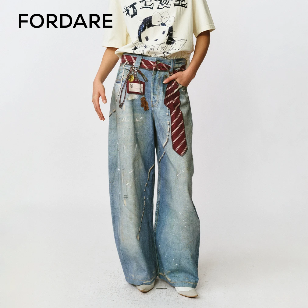 FORDARE福蝶 25早秋新品 领带工牌印花牛仔长裤阔腿牛仔裤1382