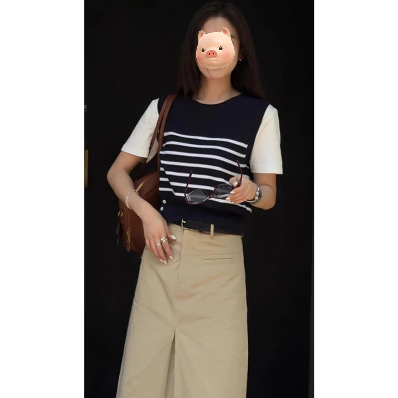 撞色条纹假两件拼接针织短袖T恤女夏季设计感小众小个子修身上衣