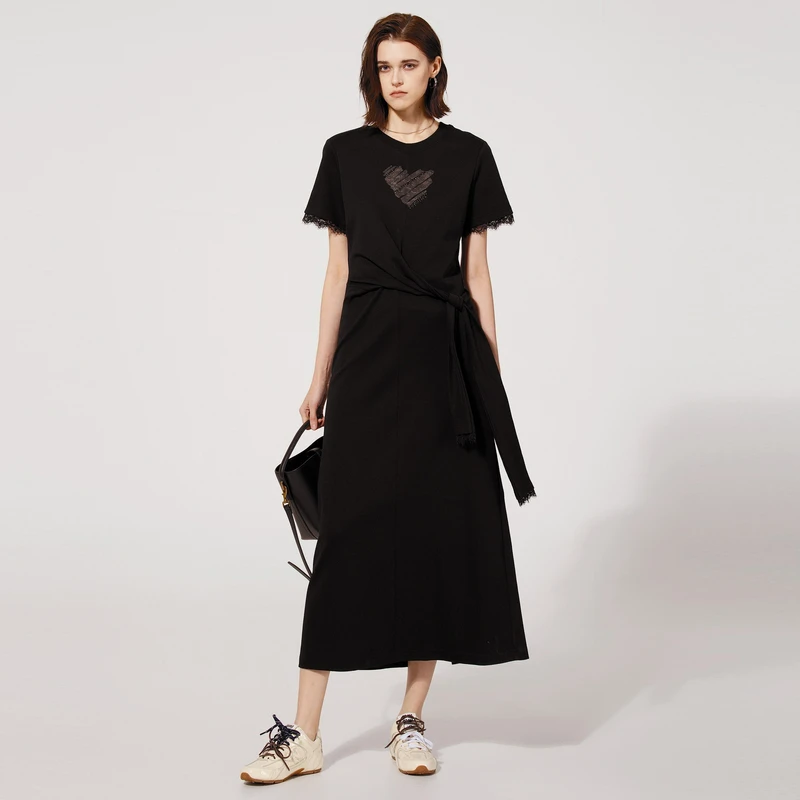 U/TI夏上新蕾丝钉珠全棉绑带捏褶开衩时尚显瘦T恤裙