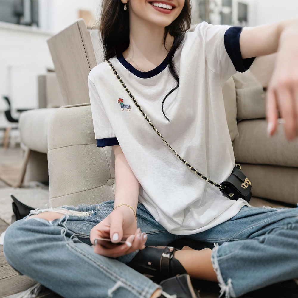 减龄拼色小狗刺绣短袖T恤女夏季新款轻薄透气雪花棉圆领宽松上衣