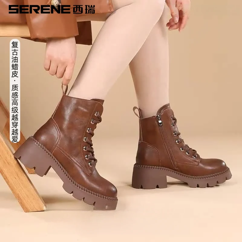 西瑞女款牛皮马丁靴秋冬明星同款鞋女款洋气短靴2025流行款女靴子