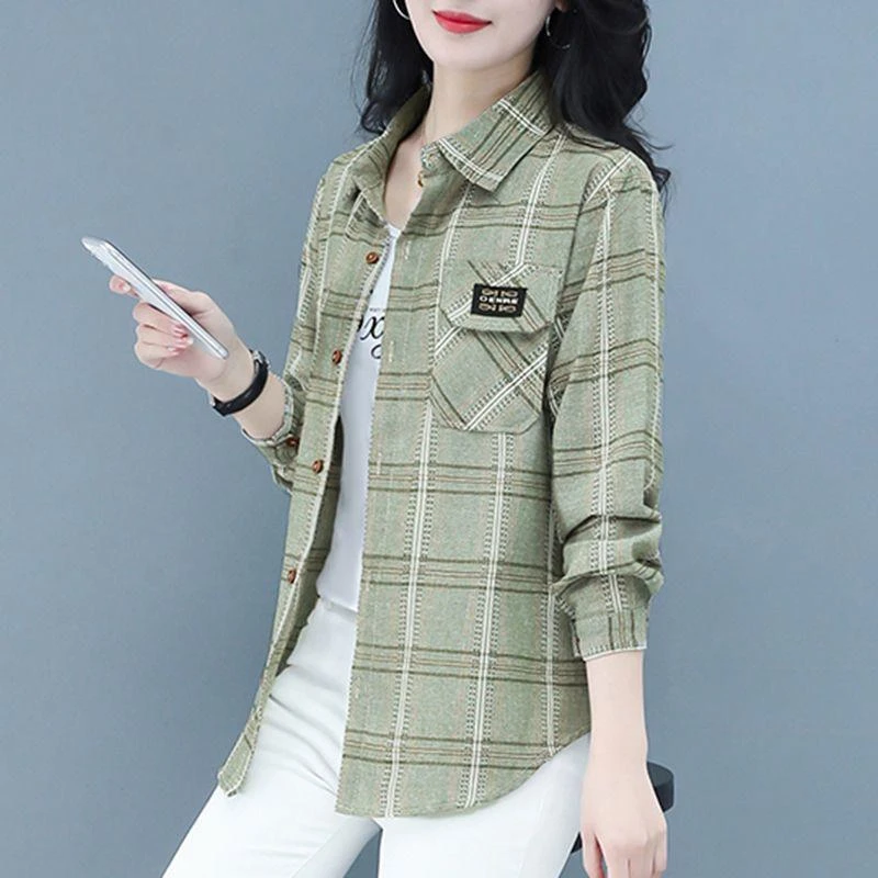 衬衫女长袖春秋装中年妈妈格子洋气时尚女士大码衬衣夏季薄款外套