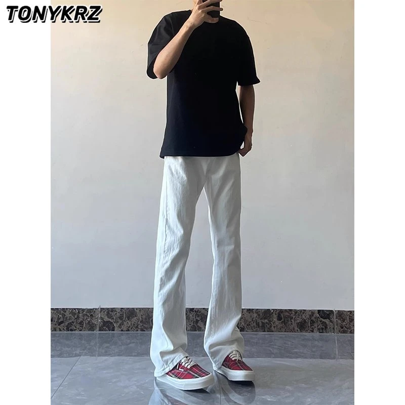 TONYKRZ美式微喇白色牛仔裤潮牌显瘦长裤男高街ins直筒修身裤子男