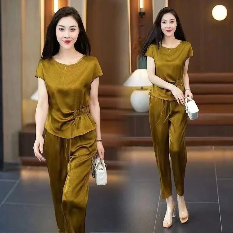 高档绸缎纹提花时尚休闲套装冰丝洋气减龄短袖九分哈伦裤两件套潮