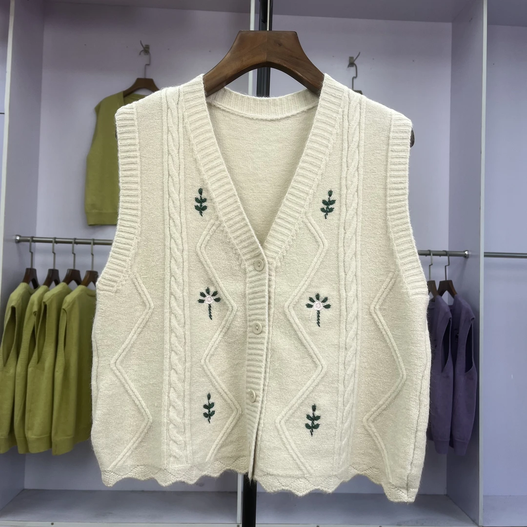 167 秋冬女士简约气质花边下摆V领马甲小花刺绣休闲女装网红上衣