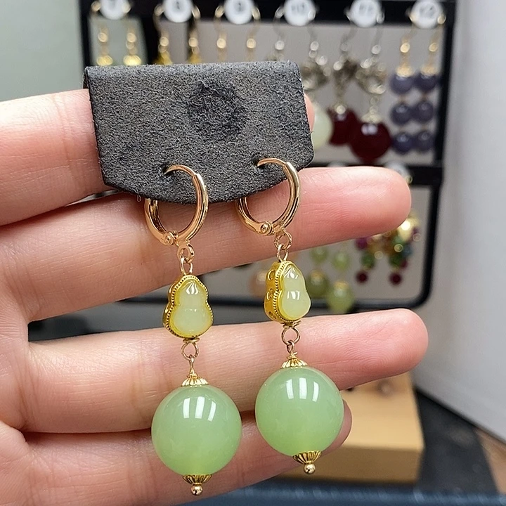 和田玉银S925镀金镶嵌耳饰14mm