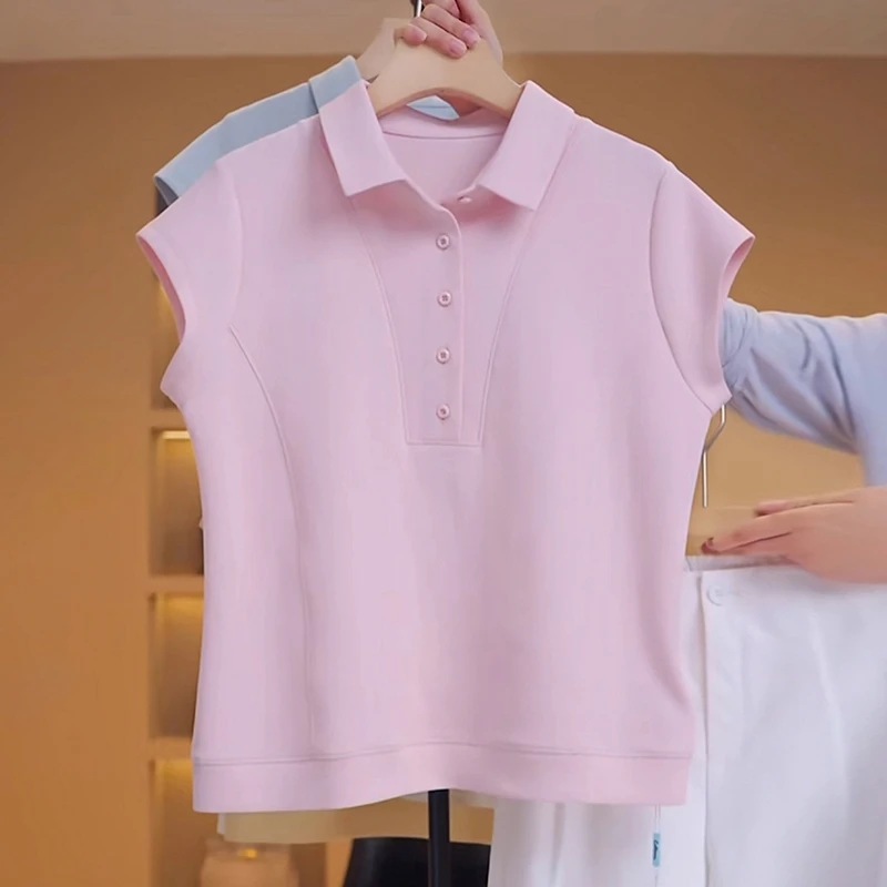 2025夏季新款粉色翻领T恤女时尚减龄宽松正肩POLO衫遮肉显瘦上衣