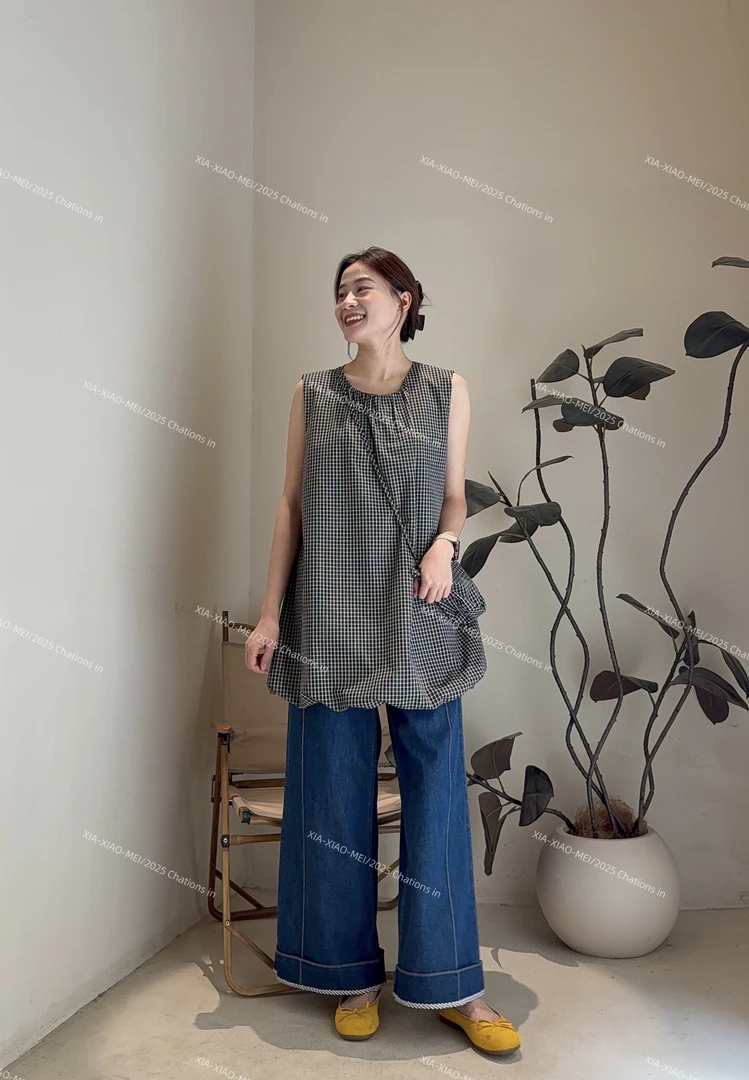 XIAOMEI ｜格子花苞上衣配包包 可当连衣裙-5091