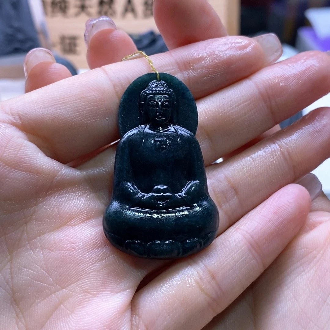 定制翡翠未镶嵌郑**?天然缅甸A货墨翠大日如来
