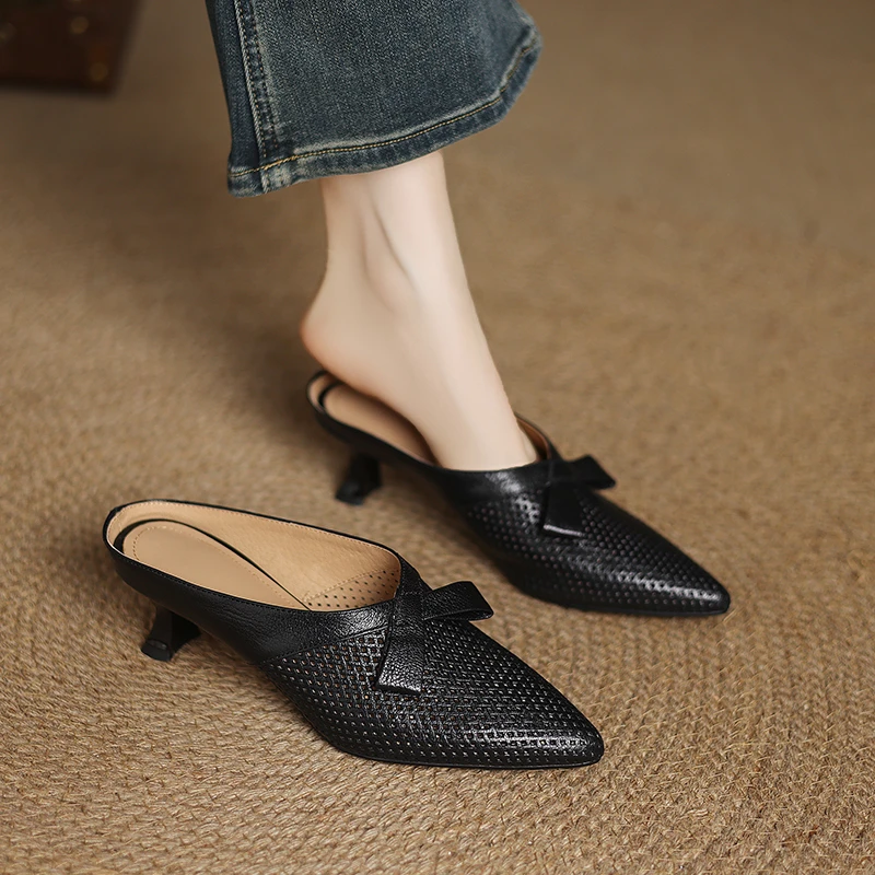 包头半拖鞋女夏时尚外穿2025年新款蝴蝶结气质尖头细跟高跟凉拖女