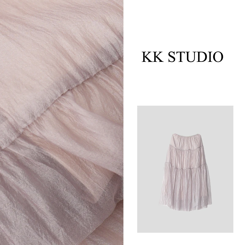 淇老板KK Studio夏季新款薄款褶皱显瘦高腰百搭网纱半身裙9106