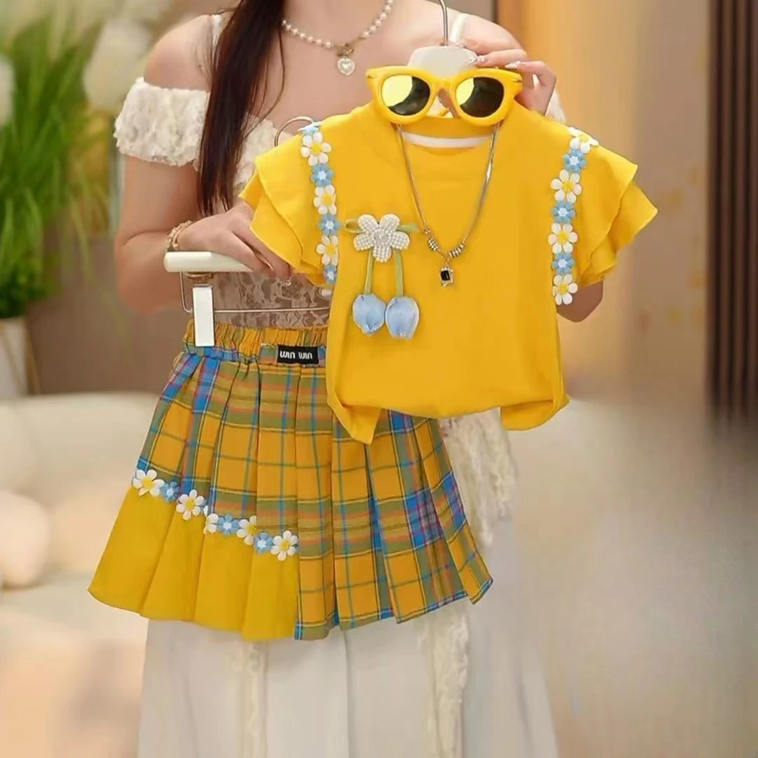 2025夏季新款韩版小淑女夏装女童棉质套装:薄款短袖+女童秋装套装