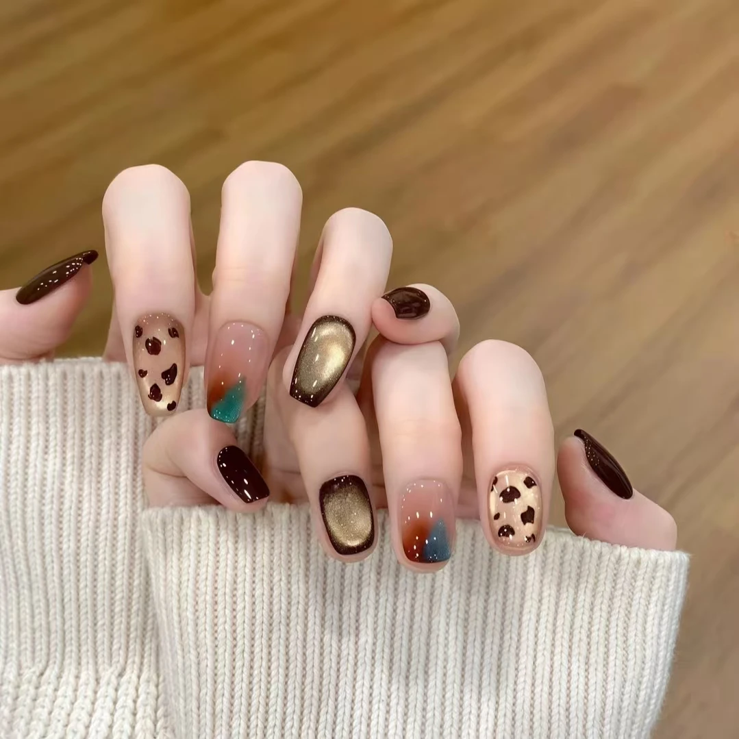 【松绿琥珀】新款高级豹纹手工美甲猫眼美甲穿戴甲短款ins风气质