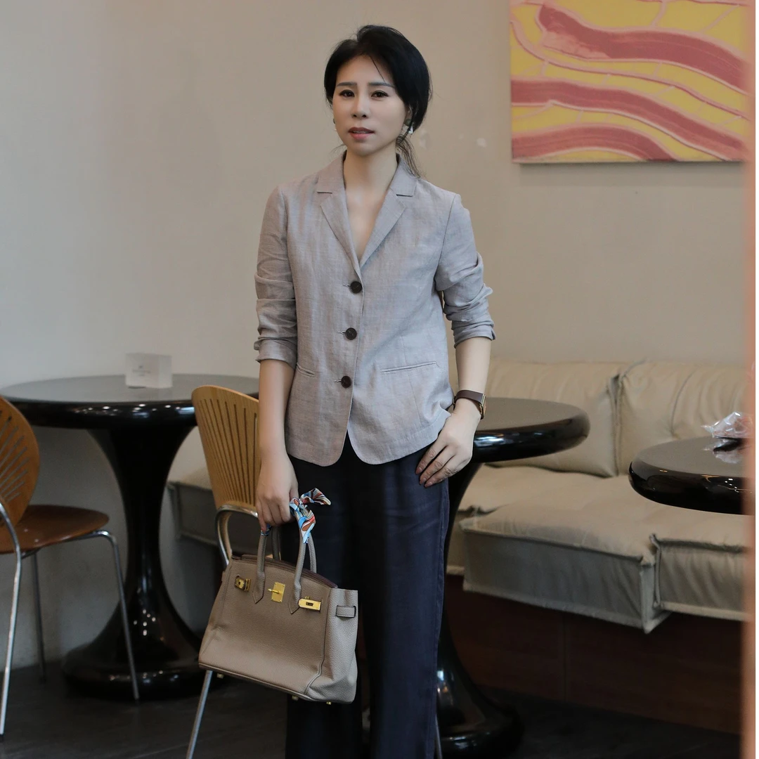 【杜小小】“简约时尚”法式气质高级感西服苎麻翻领西装休闲外套972
