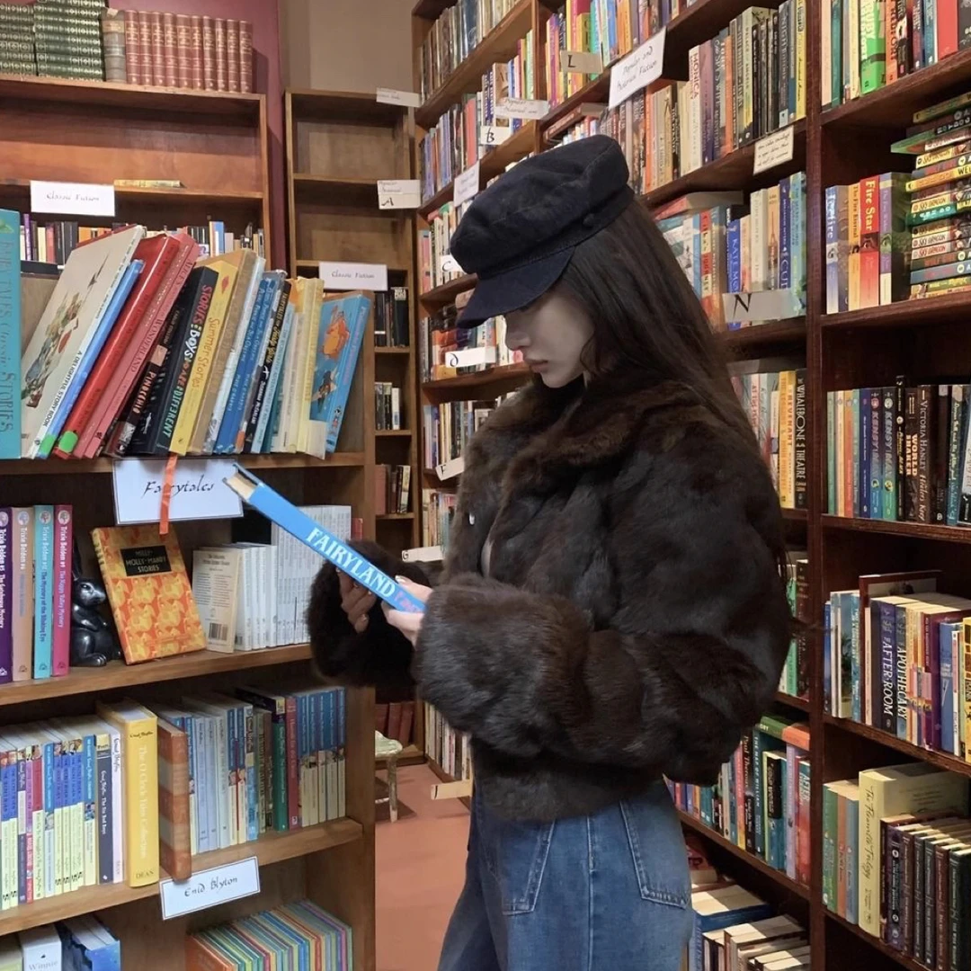 咖色全真兔毛草草女2024冬新款外套短款高级感