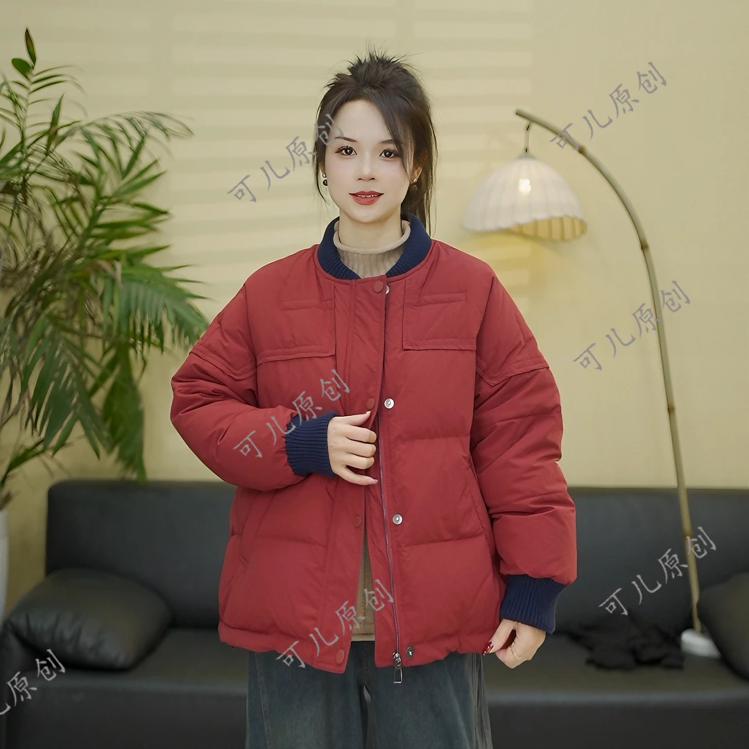 冬季新款休闲百搭棒球领设计时尚保暖夹棉加厚款女士百搭棉服外套
