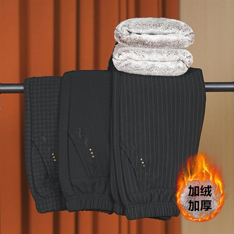 中老年女装加厚中高腰直筒裤子妈妈装冬季长绒宽松加绒保暖长裤