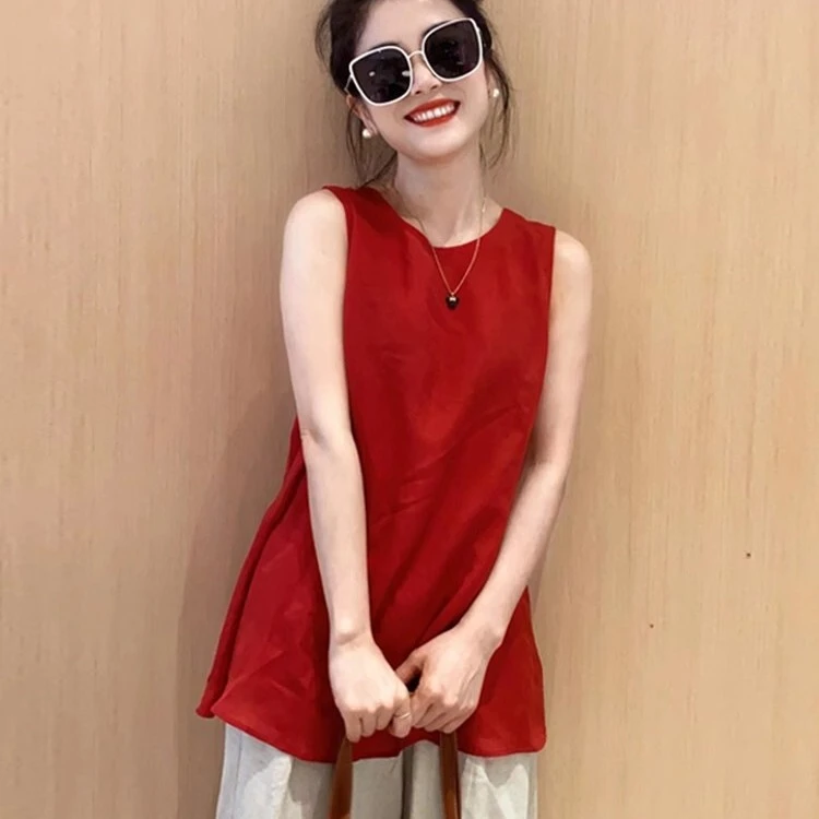 独特漂亮红色无袖衬衫背心女中长款初夏穿搭时尚绝美洋气叠穿上衣