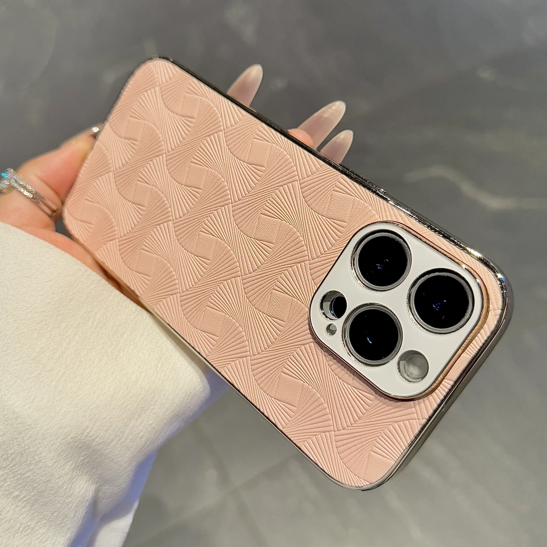 新款素皮扇纹适用iPhone16promax手机壳苹果16e全包15/14电镀13女