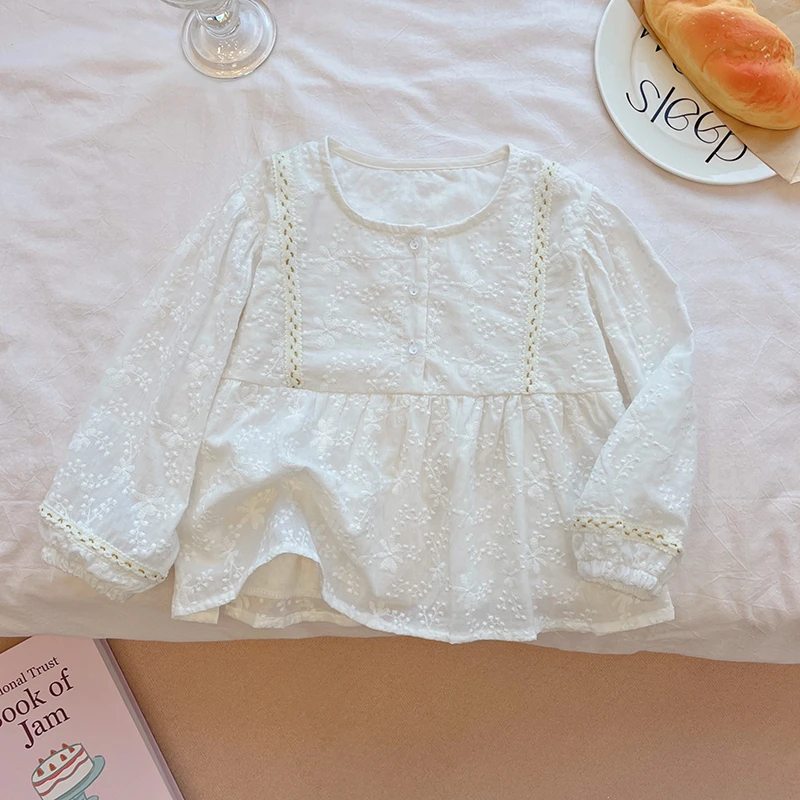 女童春秋装韩版新款蕾丝刺绣花灯笼袖裙摆式娃娃衫欧若风童装