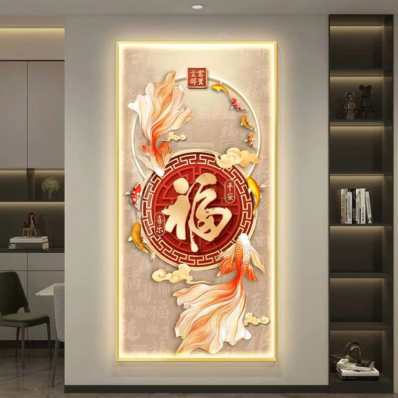 福字玄关画新中式高级大气中国红轻奢手工晶瓷镶钻装饰画金框