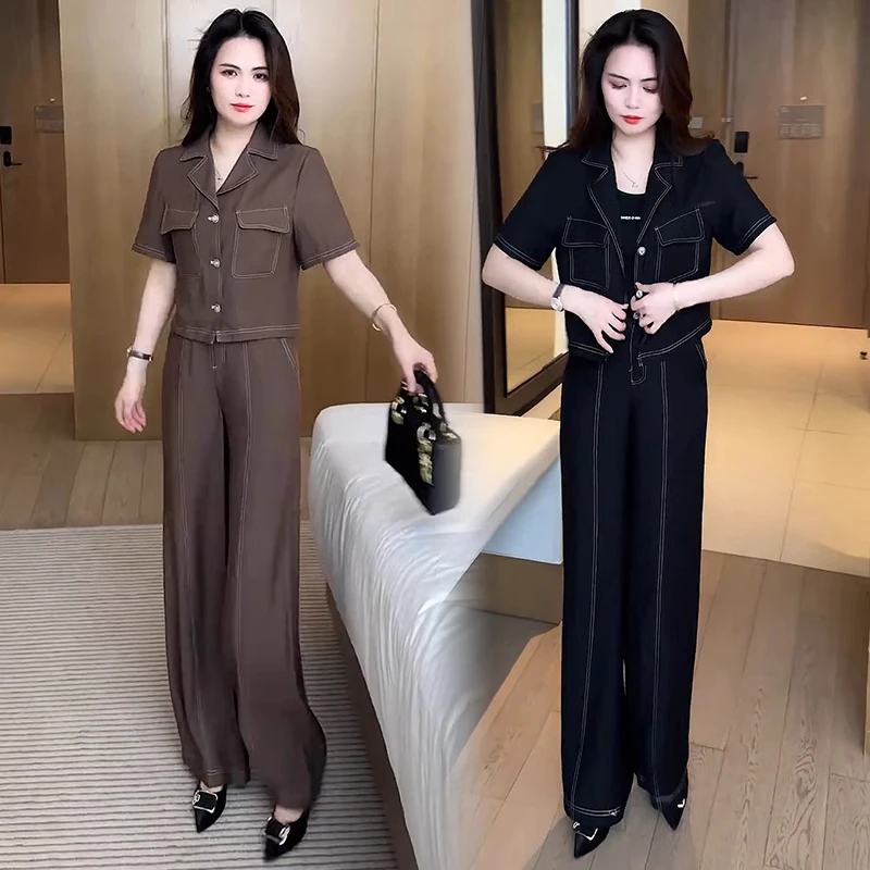 时尚套装女2025夏季新款洋气显瘦短款外套直筒阔腿裤休闲两件套