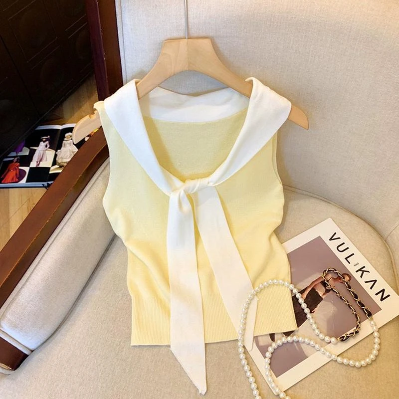 夏季新款修身显瘦短款上衣法式甜辣妹撞色海军领无袖外穿针织衫潮