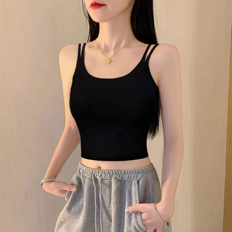 黑色吊带背心女内搭春夏新款外穿带胸垫美背文胸一体棉质打底上衣