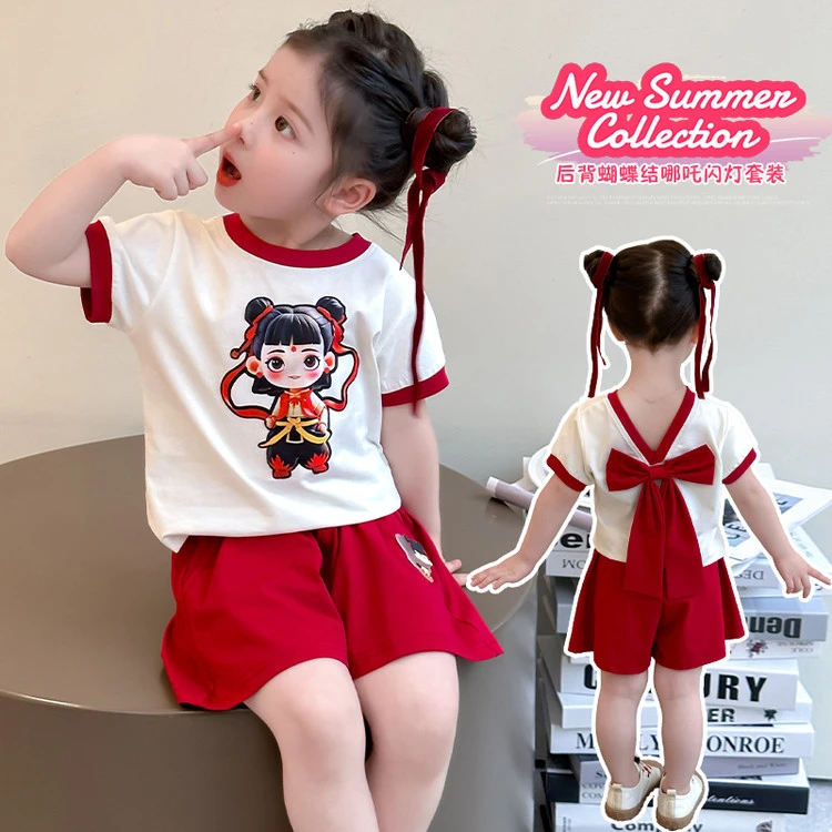 哪吒衣服女童夏季短袖套装2025新款洋气韩版儿童女宝宝卡通两件套
