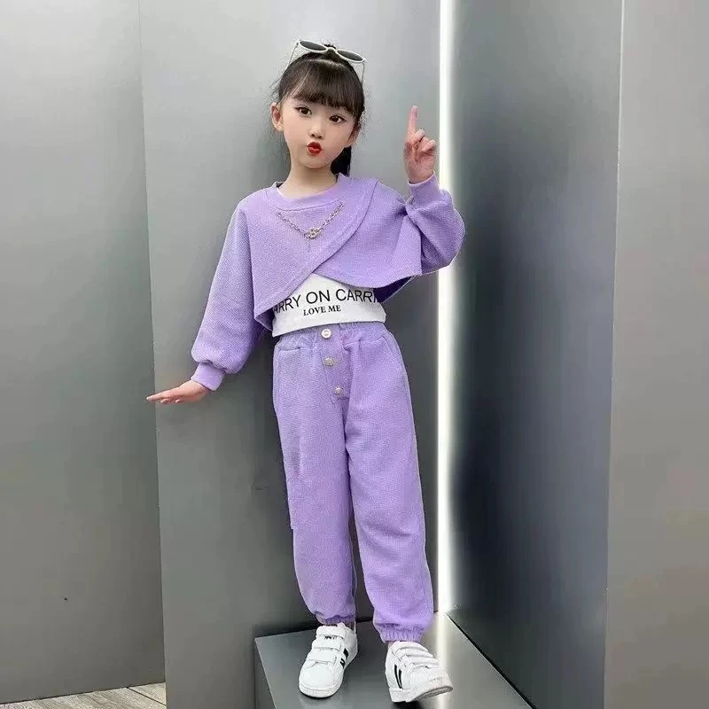 女童华夫格网红炸街套装2025新款儿童韩版洋气春秋休闲运动三件套