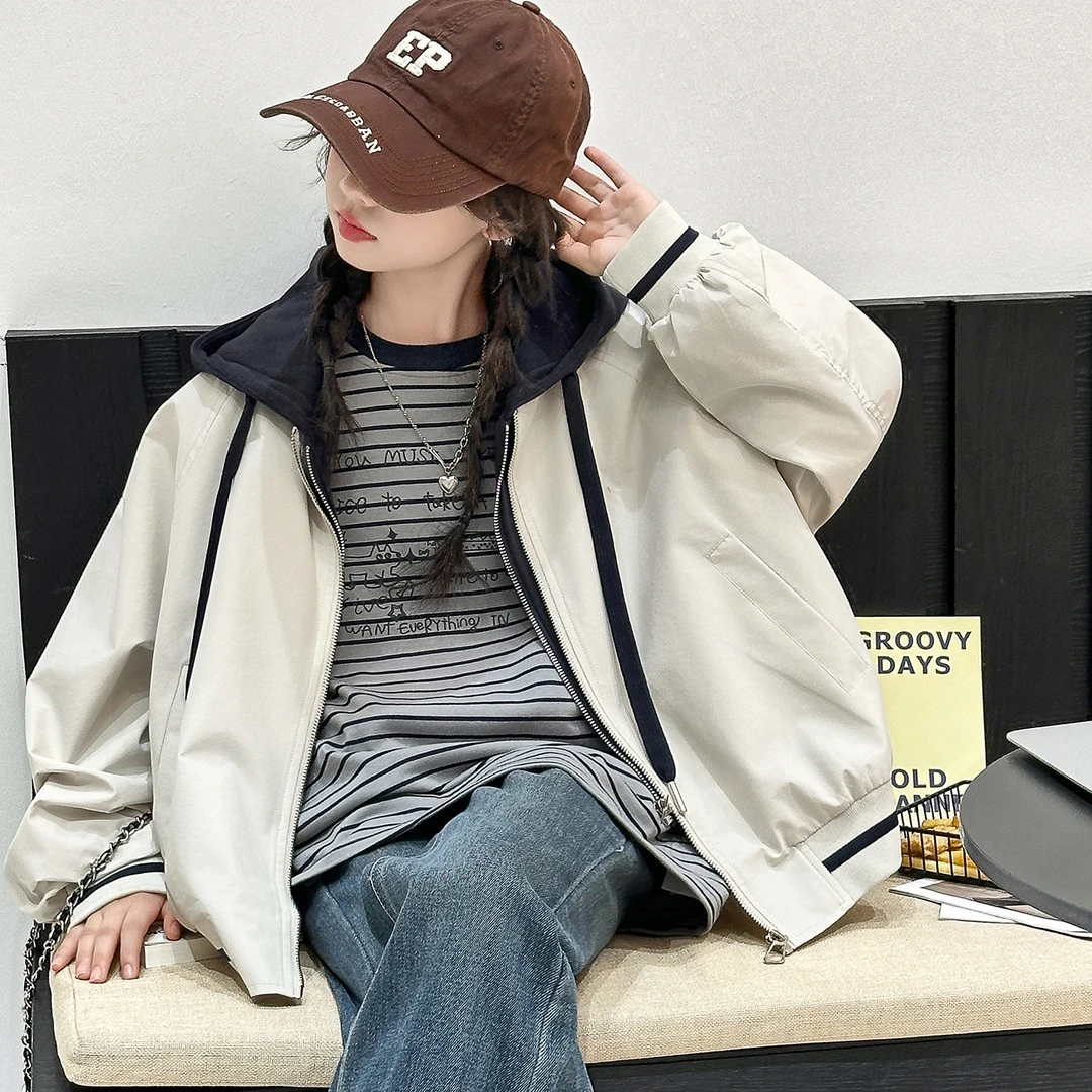 女童夹克外套秋季2025新款洋气韩版时尚大童连帽上衣宽松儿童衣服