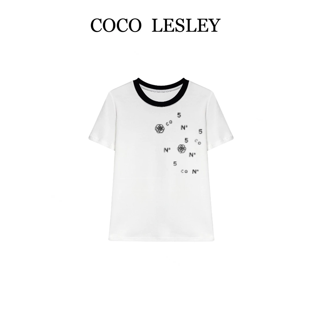 【COCO LESLEY】#66920#轻奢拼接字母印花T恤衫2025夏百搭个性上衣
