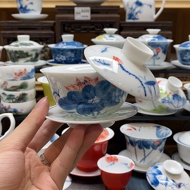 手绘荷花悬停盖碗150cc釉下彩微瑕福利款