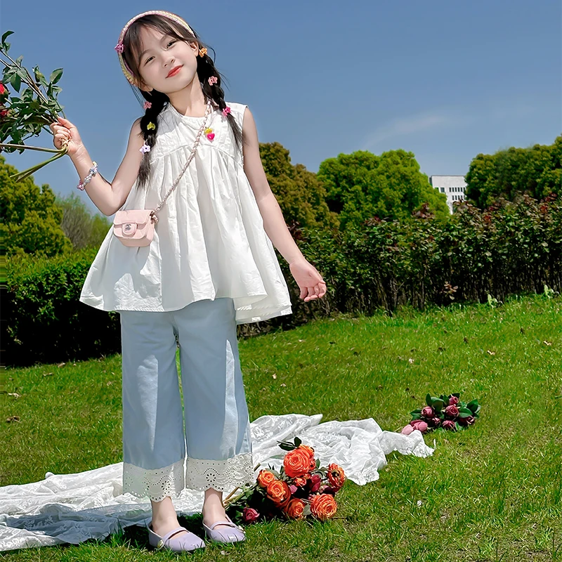 女童裤子夏装儿童蕾丝拼接牛仔裤2025新款洋气女孩休闲九分裤子潮