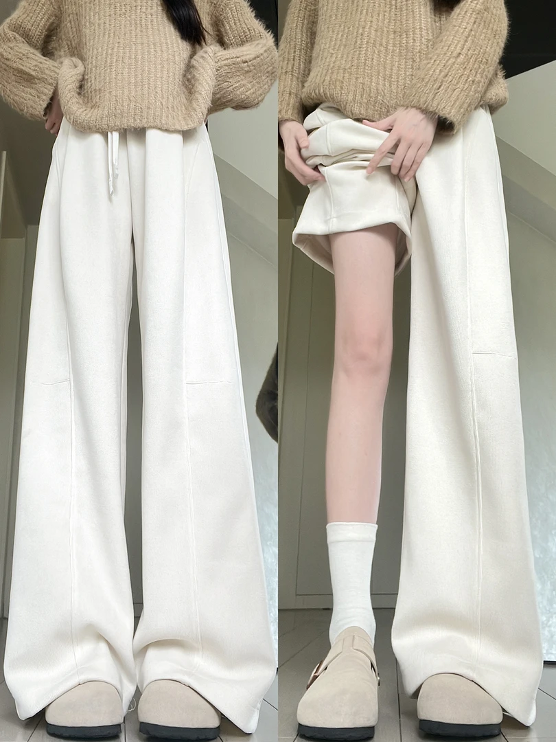 米白色弯刀休闲运动长裤女秋冬季新款宽松加绒垂感灯芯绒阔腿卫裤