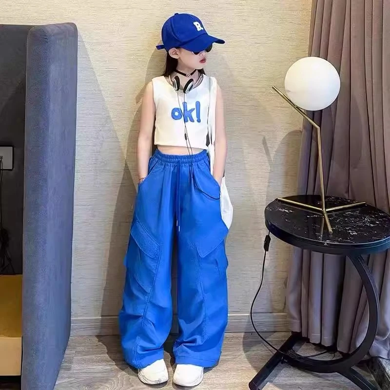 女童休闲工装裤套装2025夏季新款百搭抽绳束脚裤阔腿长裤伞兵裤潮