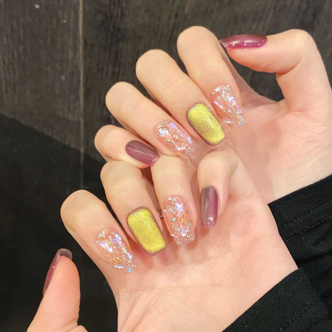 【葡萄紫冻】新款双色变色龙玻璃珠紫色猫眼短款纯手工穿戴甲美甲