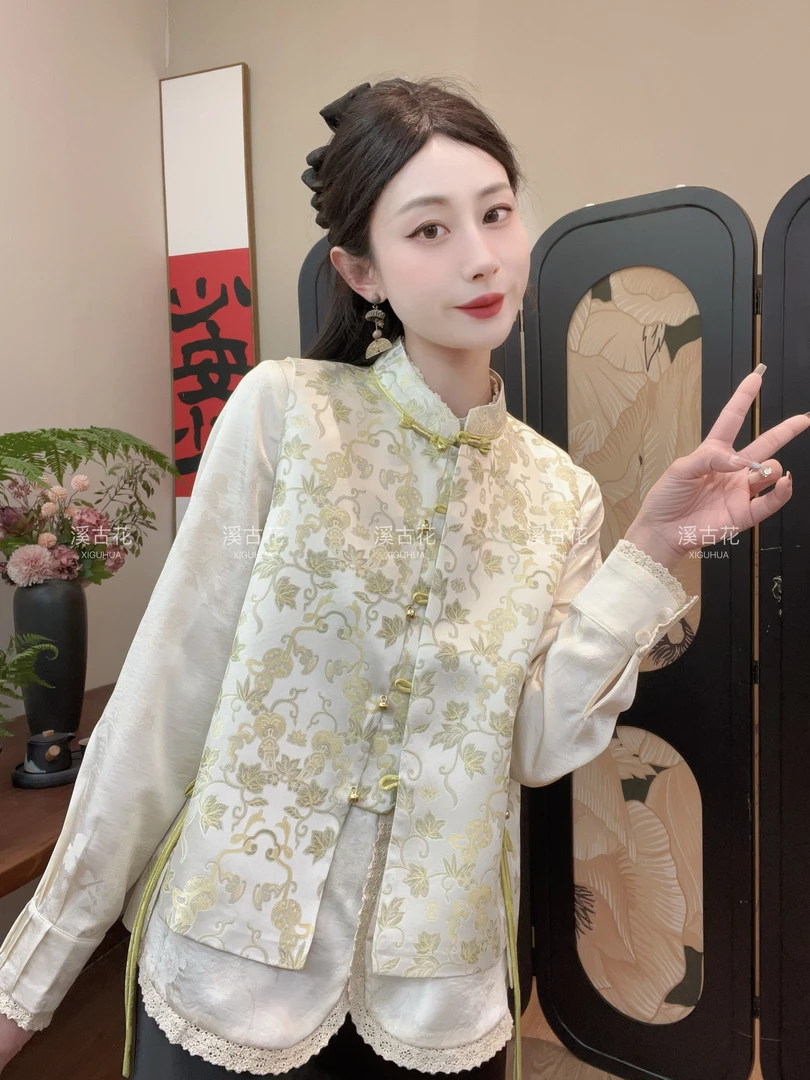 【时宜】2025春季绿色织锦新中式国风马甲女气质时尚上衣立领