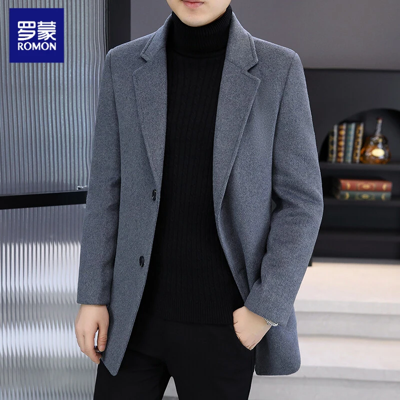 罗蒙秋冬高档羊毛呢大衣男中长款厚风衣保暖外套休闲西装上衣夹克