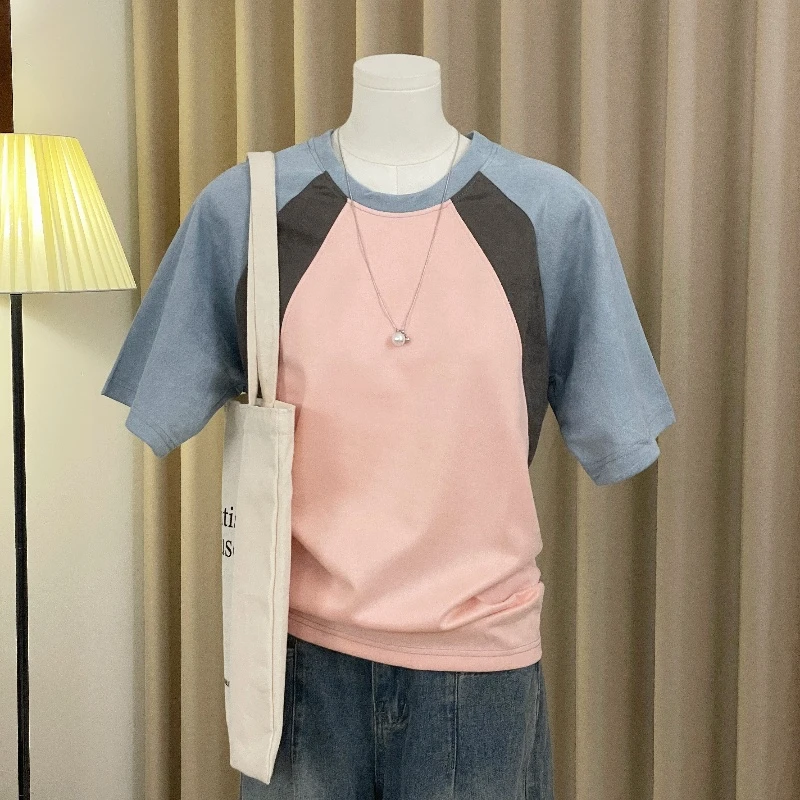 夏季美式复古特大码300斤甜酷撞色拼接短袖T恤男女小众情侣上衣