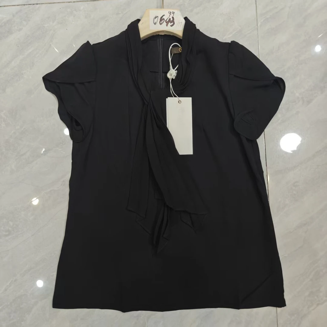 0643简约衬衫V领纯色宽松型泡泡袖修身型短袖系带时尚