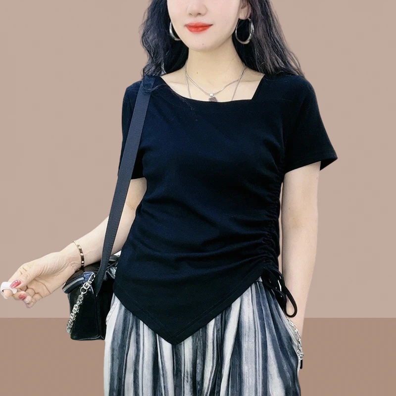 2025夏季新款小个子不规则时尚洋气女装上衣显瘦女士短袖t恤薄款