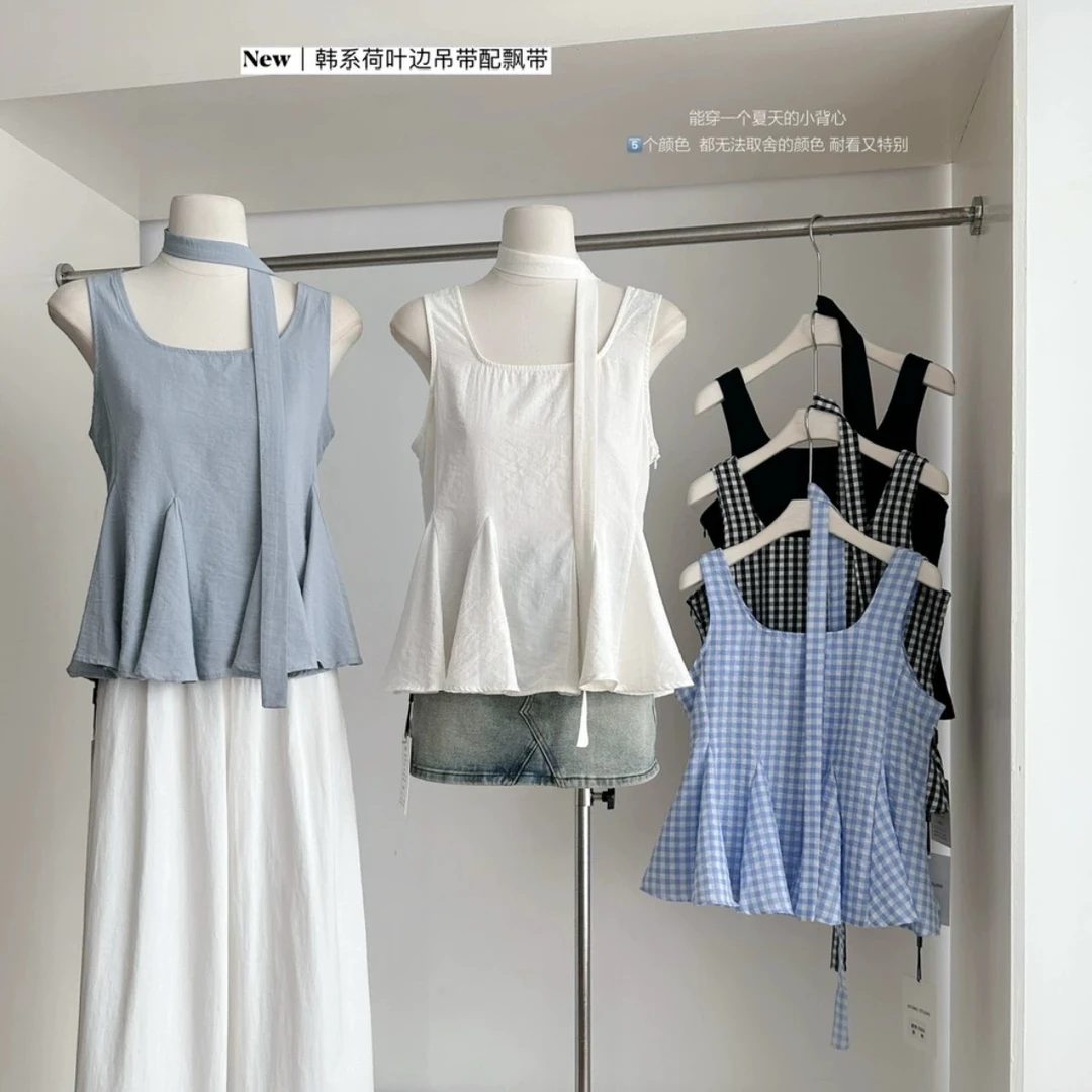 【RRSIFU蓉蓉私服】XS2015惊现天鹅颈系带 百搭荷叶边吊带背心